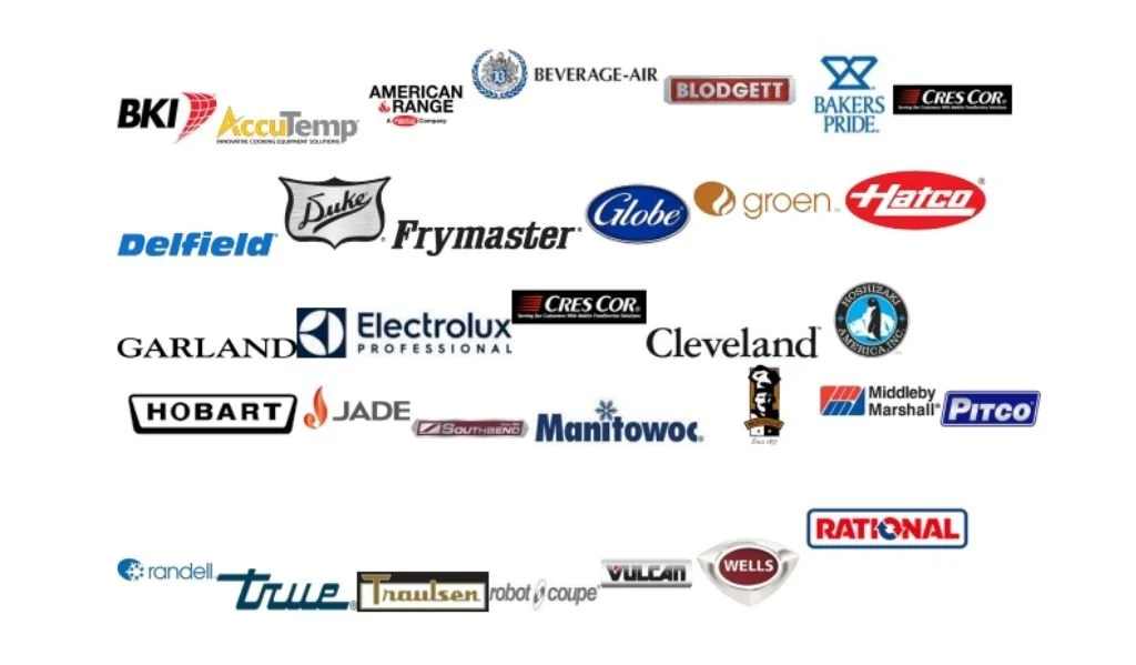 Logos of the commercial appliance brands Reliance Appliances services, including AccuTemp, American Range, Hobart, True, Vulcan, and Rational
